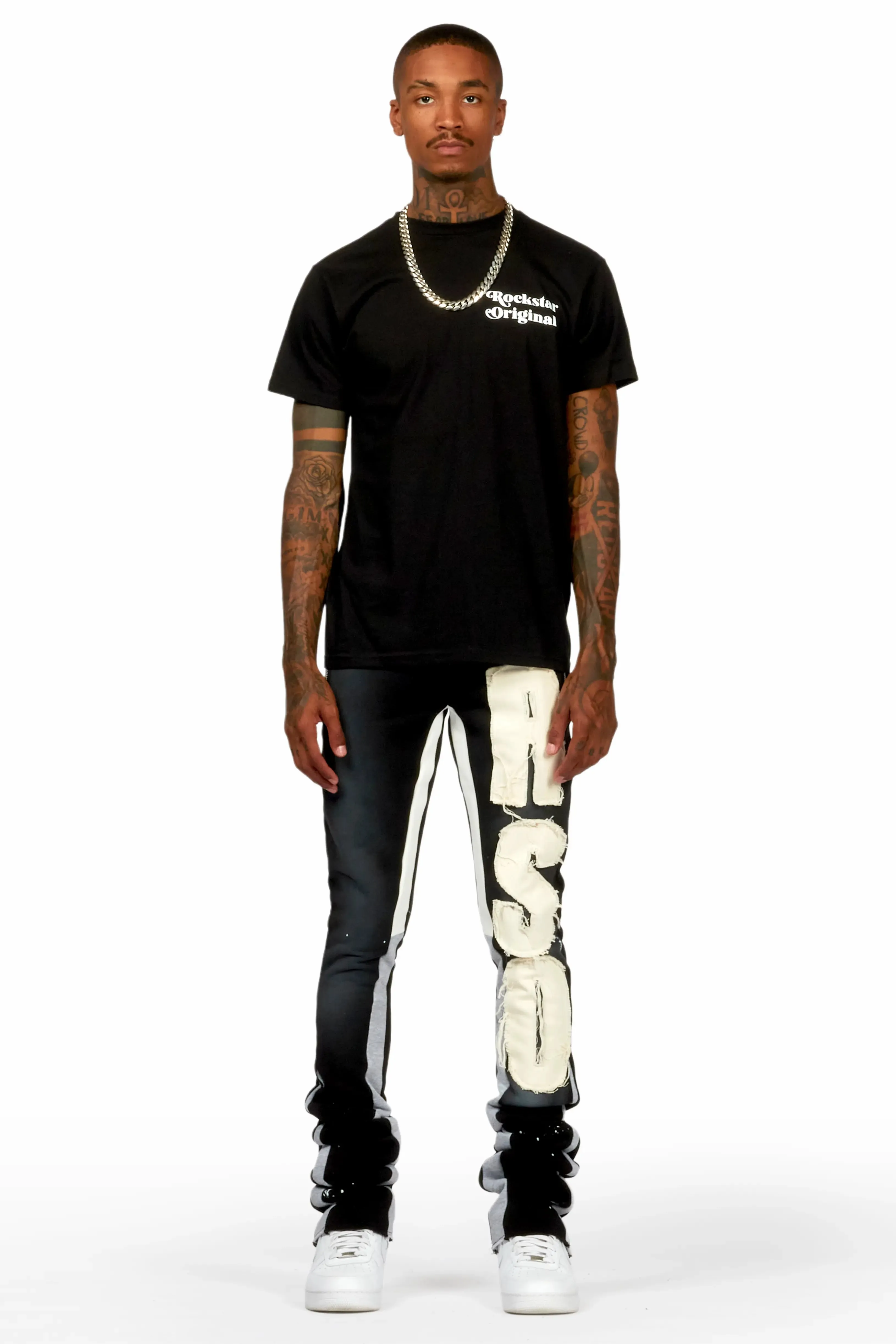 Acotas Black/Beige Patchwork Super Stacked Flare Pants
