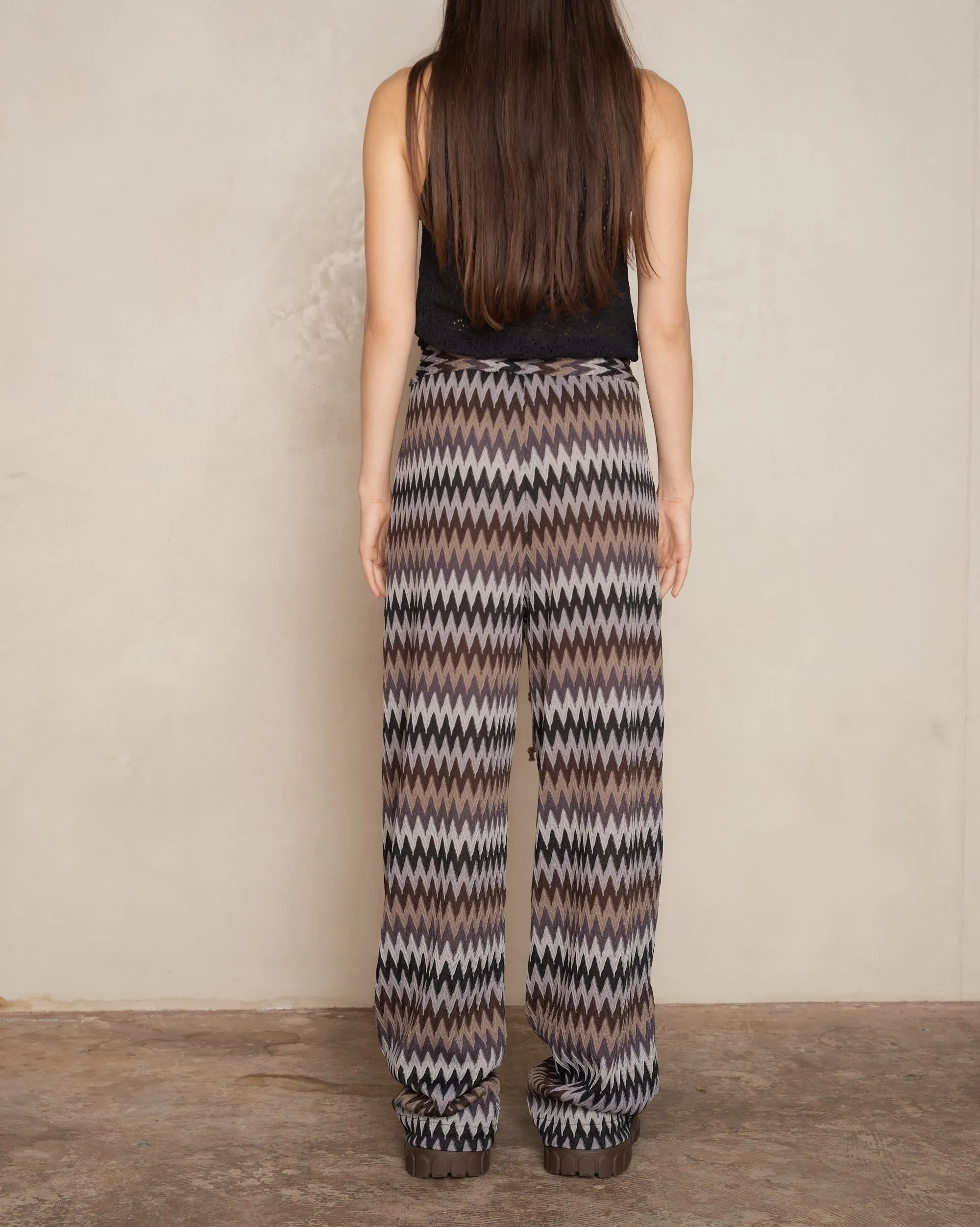 Brown Zig Zag Knit Wide Leg Track Pant