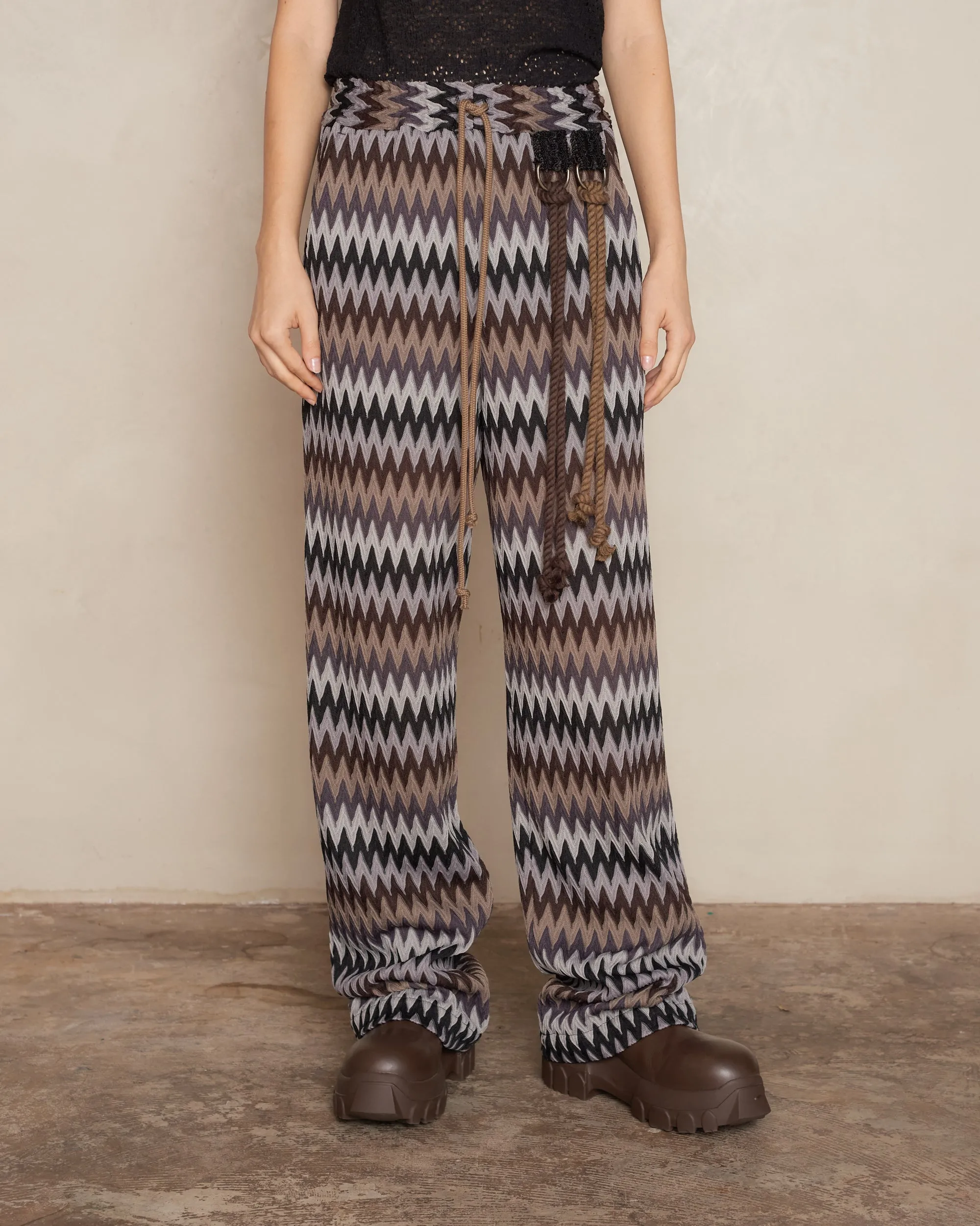 Brown Zig Zag Knit Wide Leg Track Pant