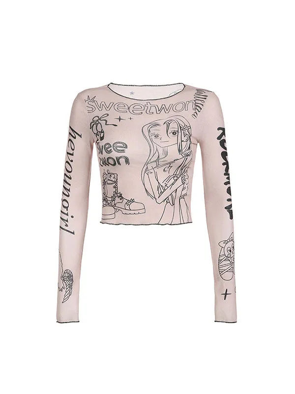 Cartoon Printed Contrast Trim Long Sleeve T-Shirt