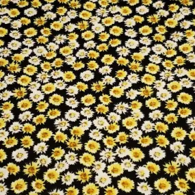 Double Brushed Poly, DPB,  Knit Fabric, Beautiful Ditzy White and Yellow Flowers on Black, So Soft and Versatile, Sold by the 1/2 yard