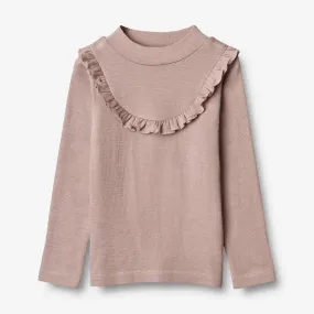 Langærmet Uld T-shirt med Flæse - dark powder