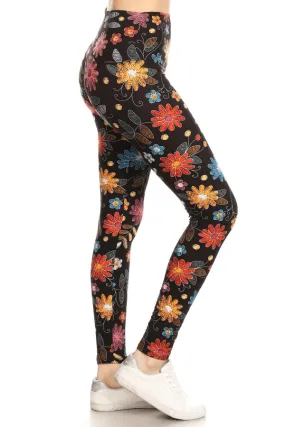 Leggings Depot LY5R-S756 ORANGE MULTICOLOR FLORAL One Size Full Length Leggings