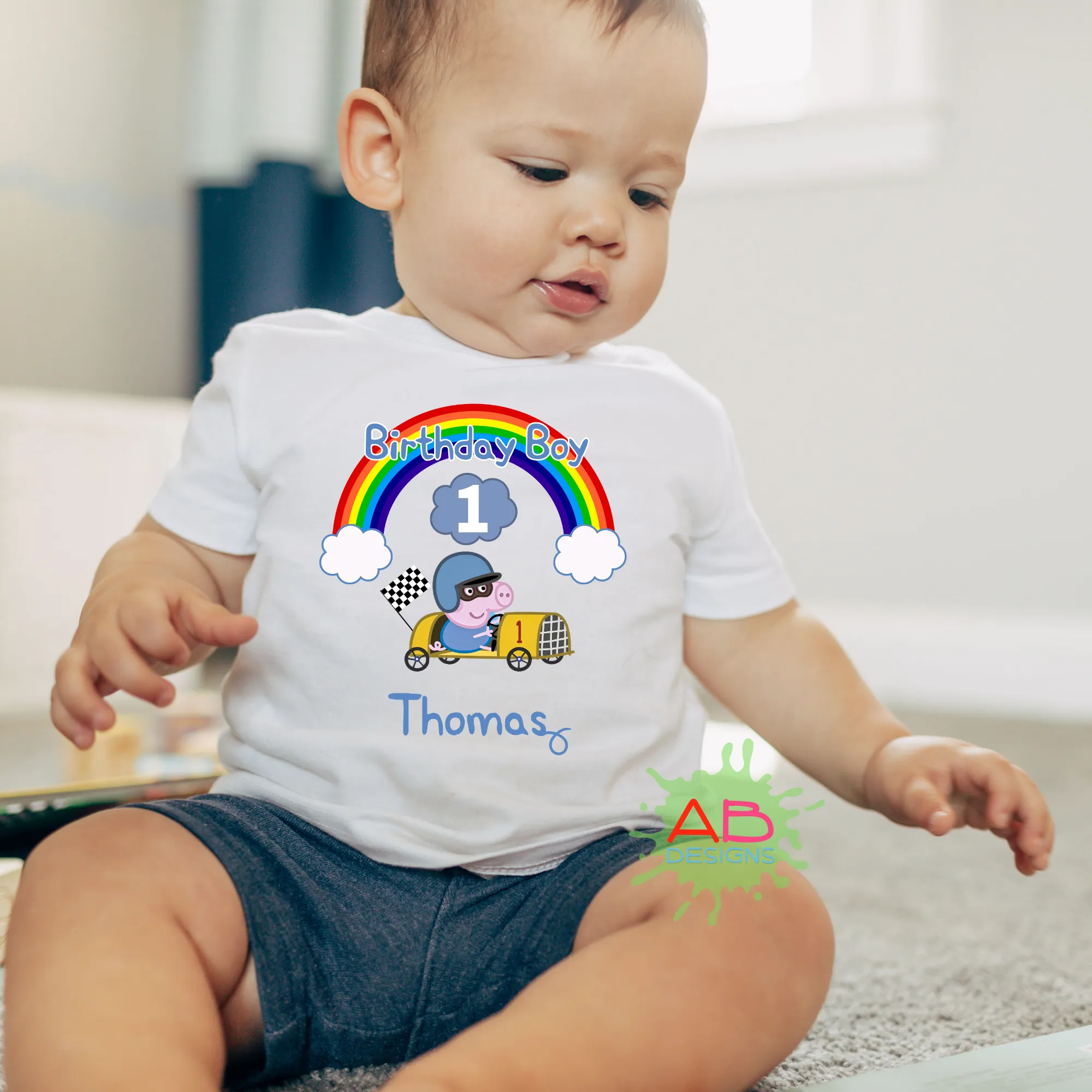 Personalised George Pig Racing Car Birthday T-shirt for boys