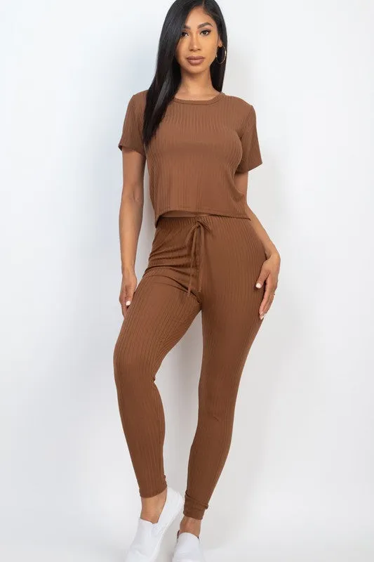 Ribbed Short Sleeve Top & Leggings Set