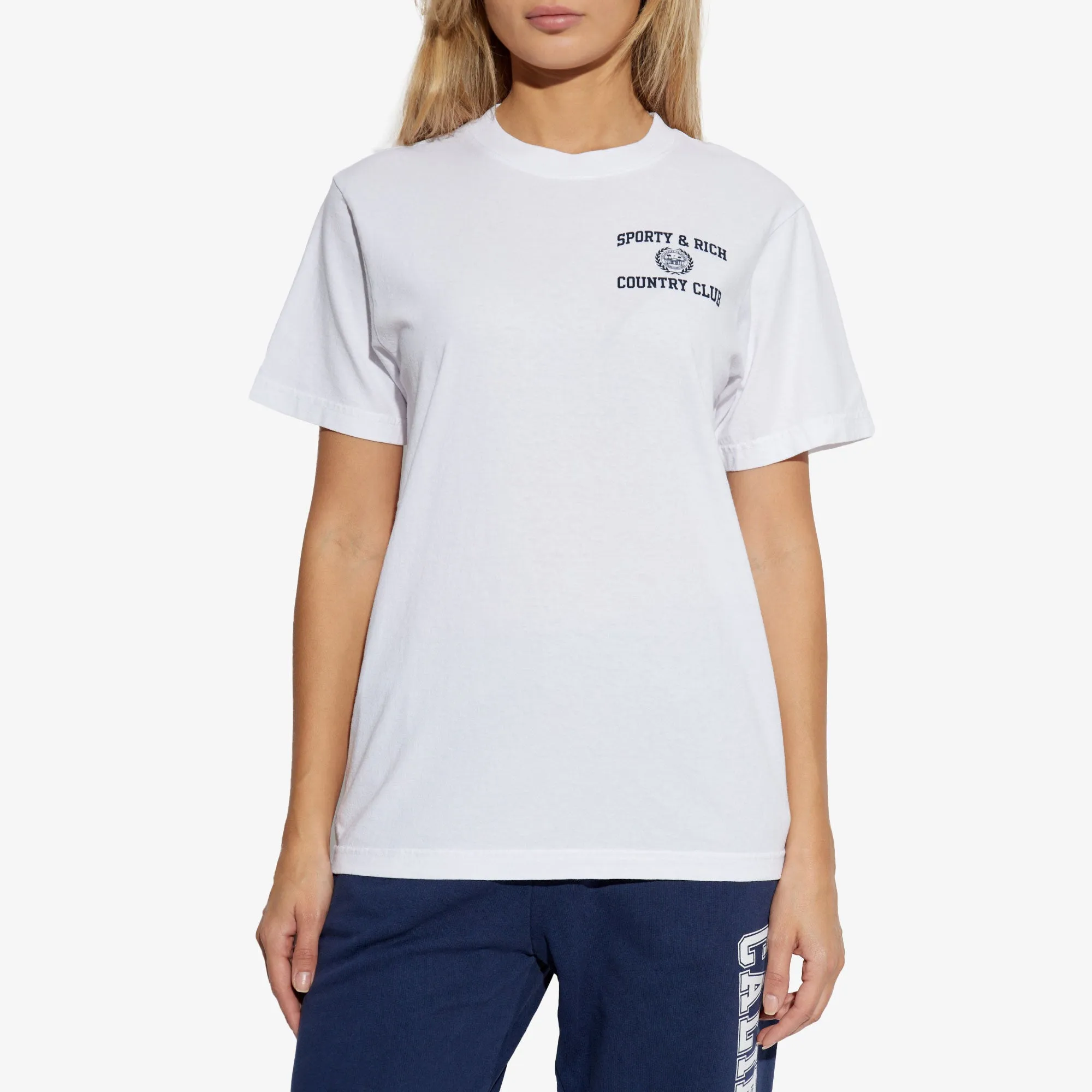 SPORTY & RICH | WMN'S VARSITY CREST T-SHIRT { WHITE/NAVY