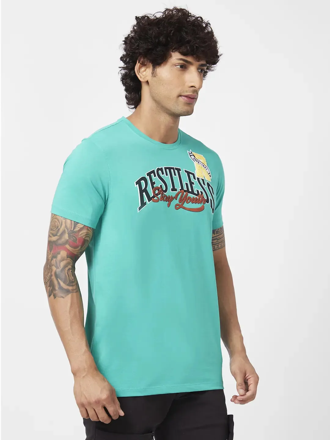 Spykar Men Sporty Green Blended Slim Fit Half Sleeve Round Neck Printed Tshirt