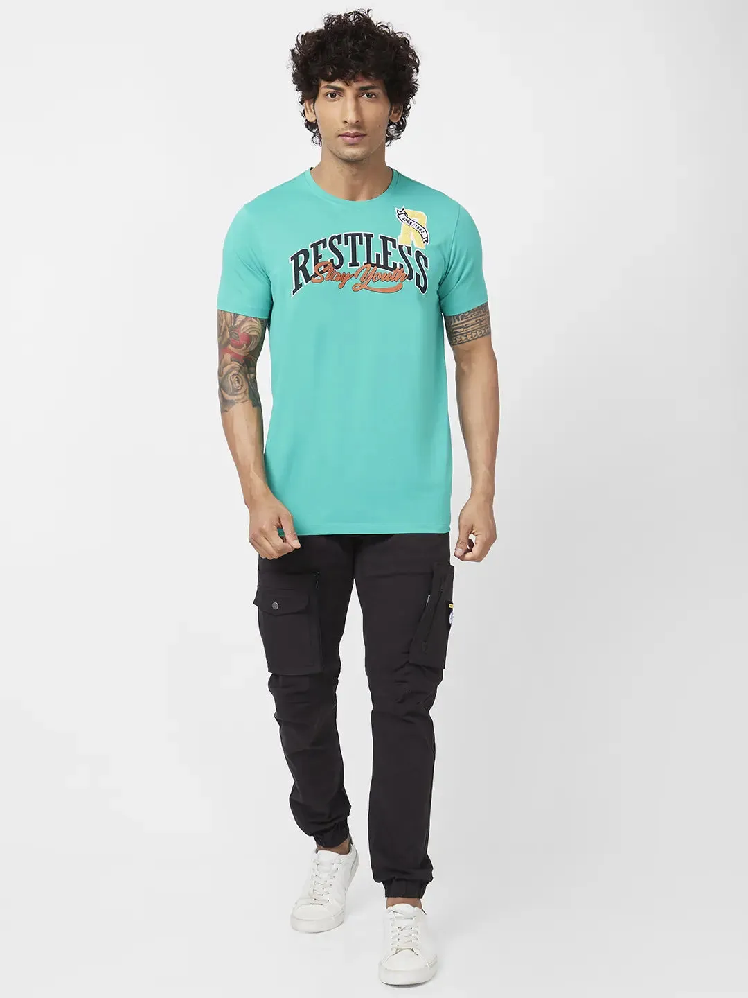 Spykar Men Sporty Green Blended Slim Fit Half Sleeve Round Neck Printed Tshirt