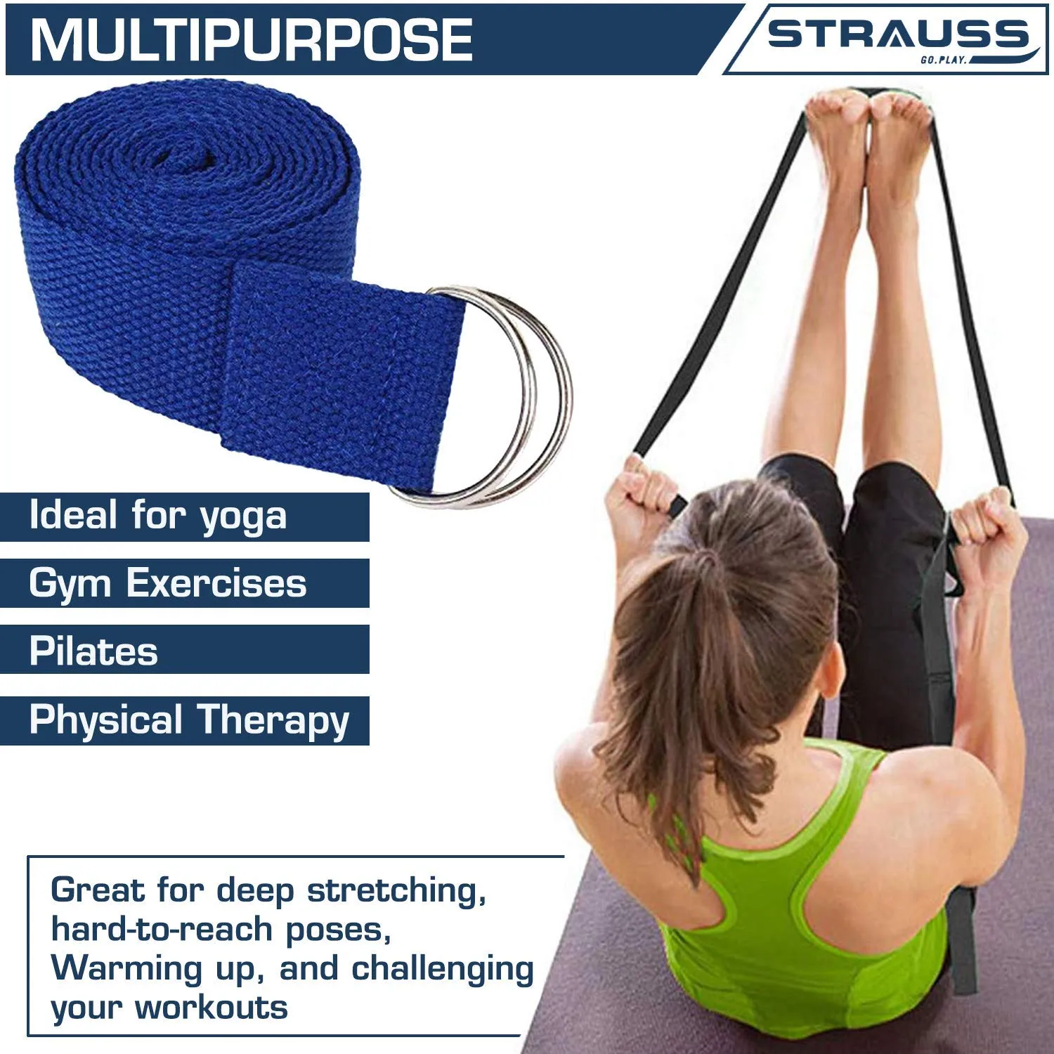 Strauss Eco-Friendly Single Texture TPE Yoga Mat 6 mm (Blue), Yoga Block (Purple) Pair, Anti-Slip Yoga Towel (Blue) and Yoga Belt (Blue)