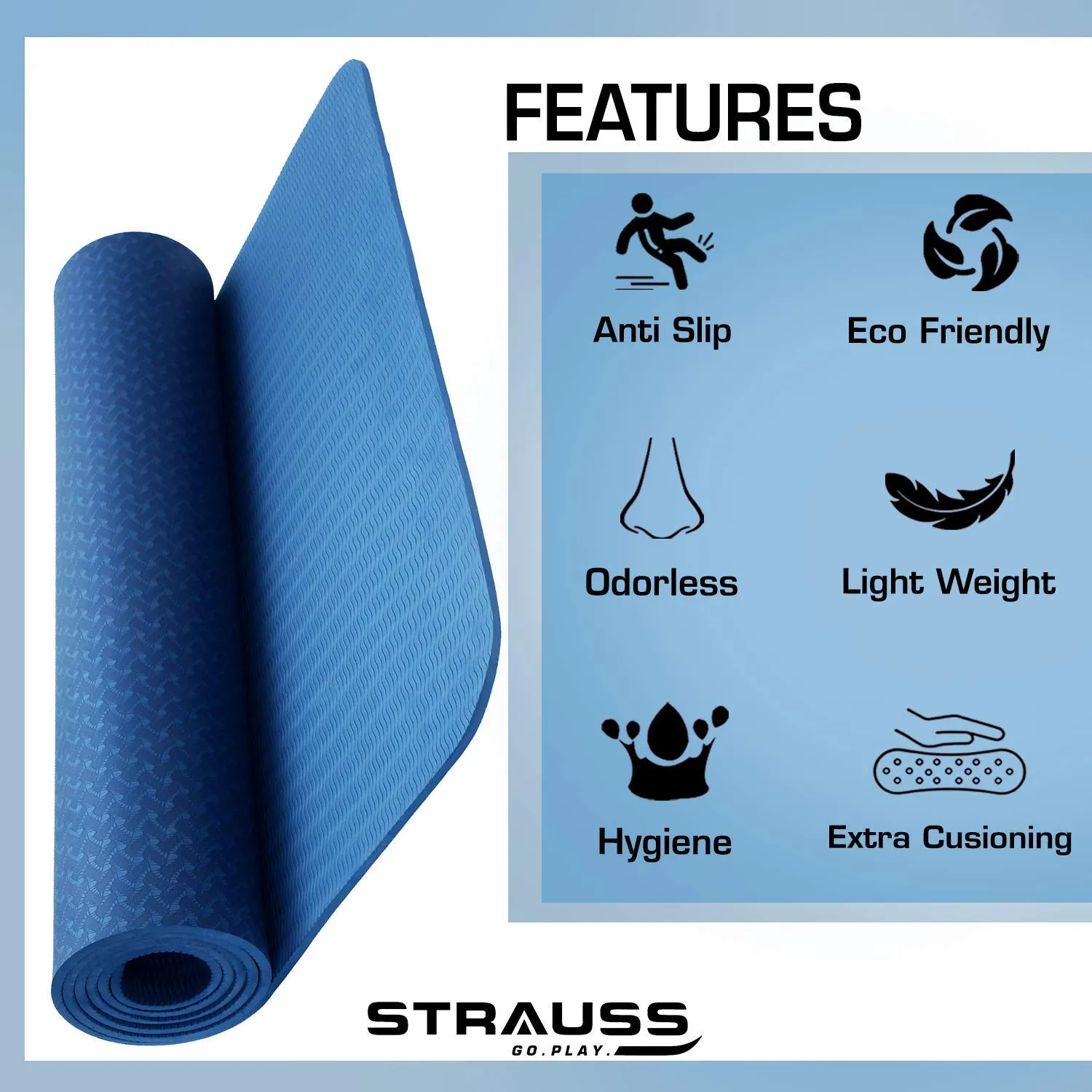 Strauss Eco-Friendly Single Texture TPE Yoga Mat 6 mm (Blue), Yoga Block (Purple) Pair, Anti-Slip Yoga Towel (Blue) and Yoga Belt (Blue)