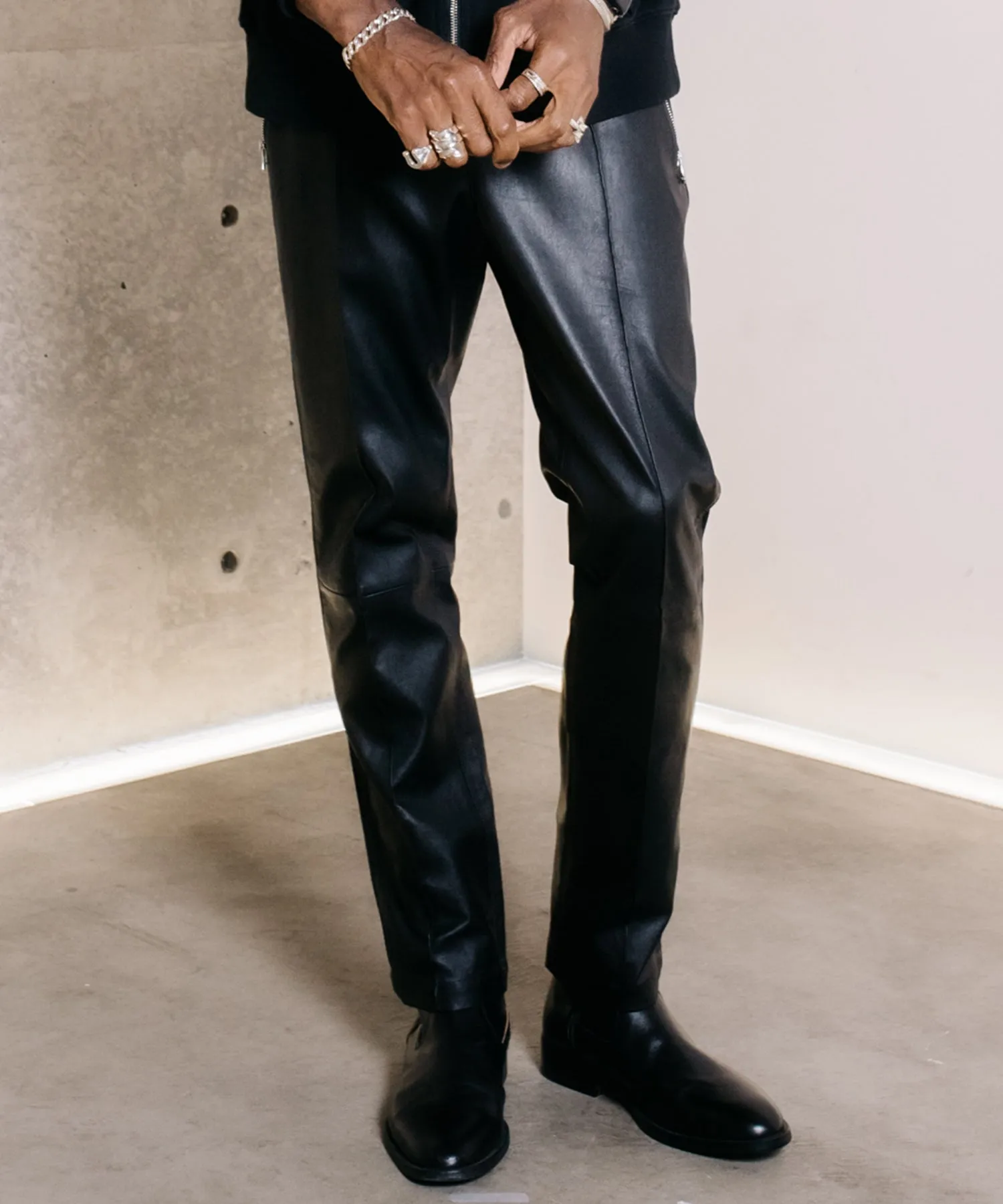 STRETCH SPANISH LAMB LEATHER TRACK PANTS
