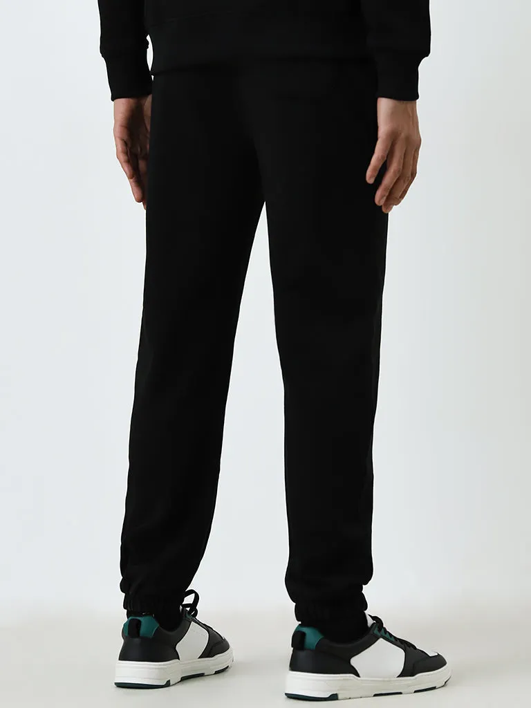 WES Casuals Black Relaxed-Fit Mid-Rise Cotton-Blend Track Pants