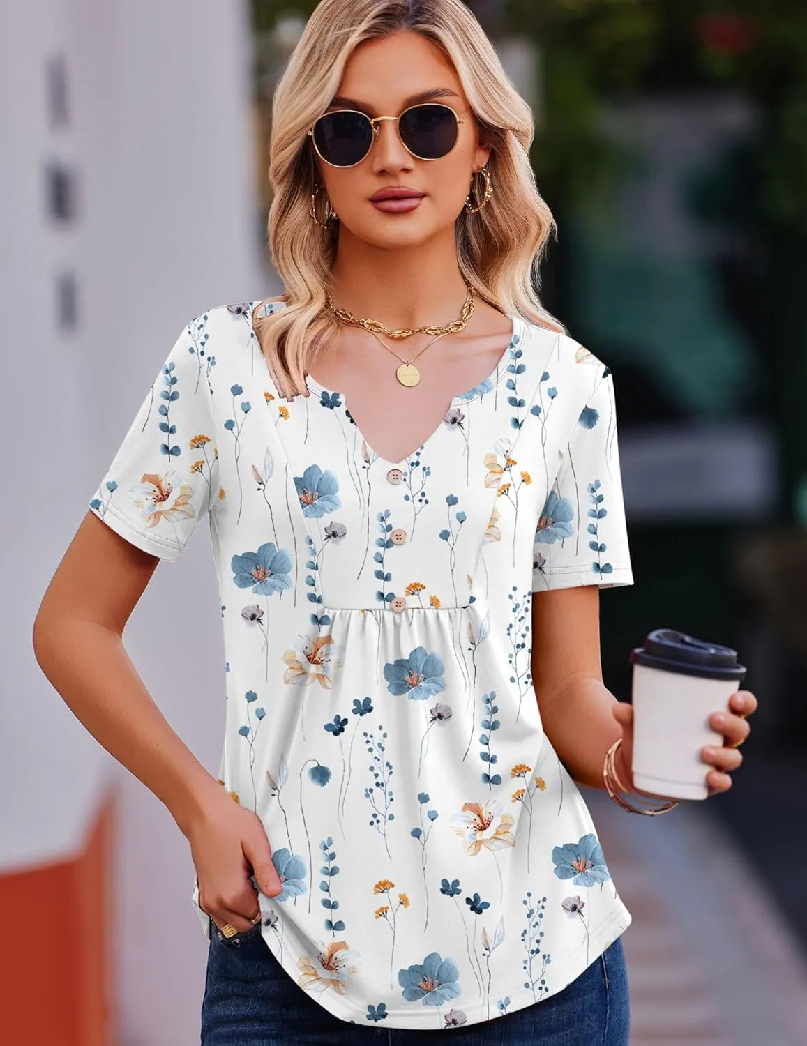 Zeagoo Tunic Tops V Neck Loose Fit Short Sleeve Shirt (DE Only)