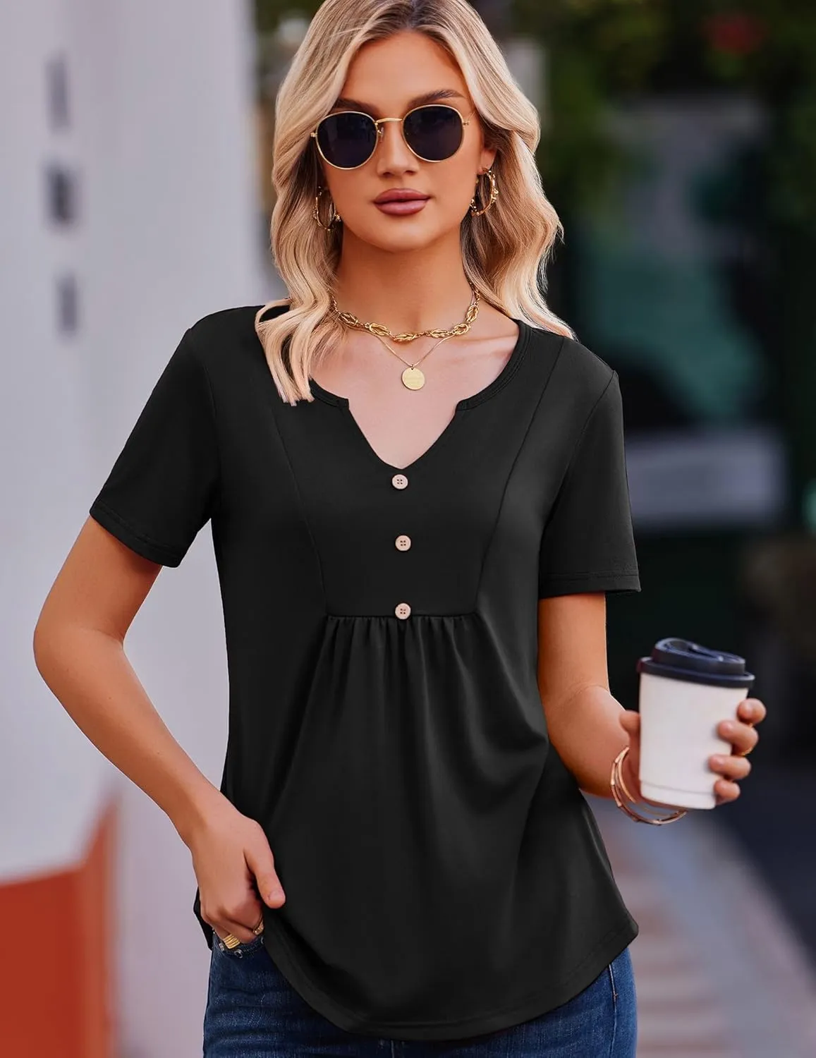 Zeagoo Tunic Tops V Neck Loose Fit Short Sleeve Shirt (DE Only)