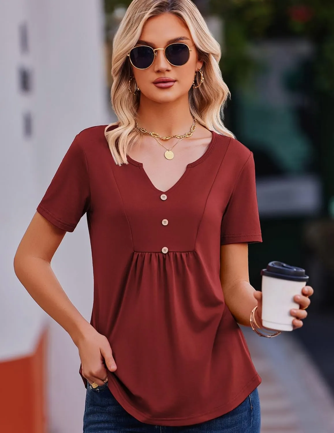 Zeagoo Tunic Tops V Neck Loose Fit Short Sleeve Shirt (DE Only)
