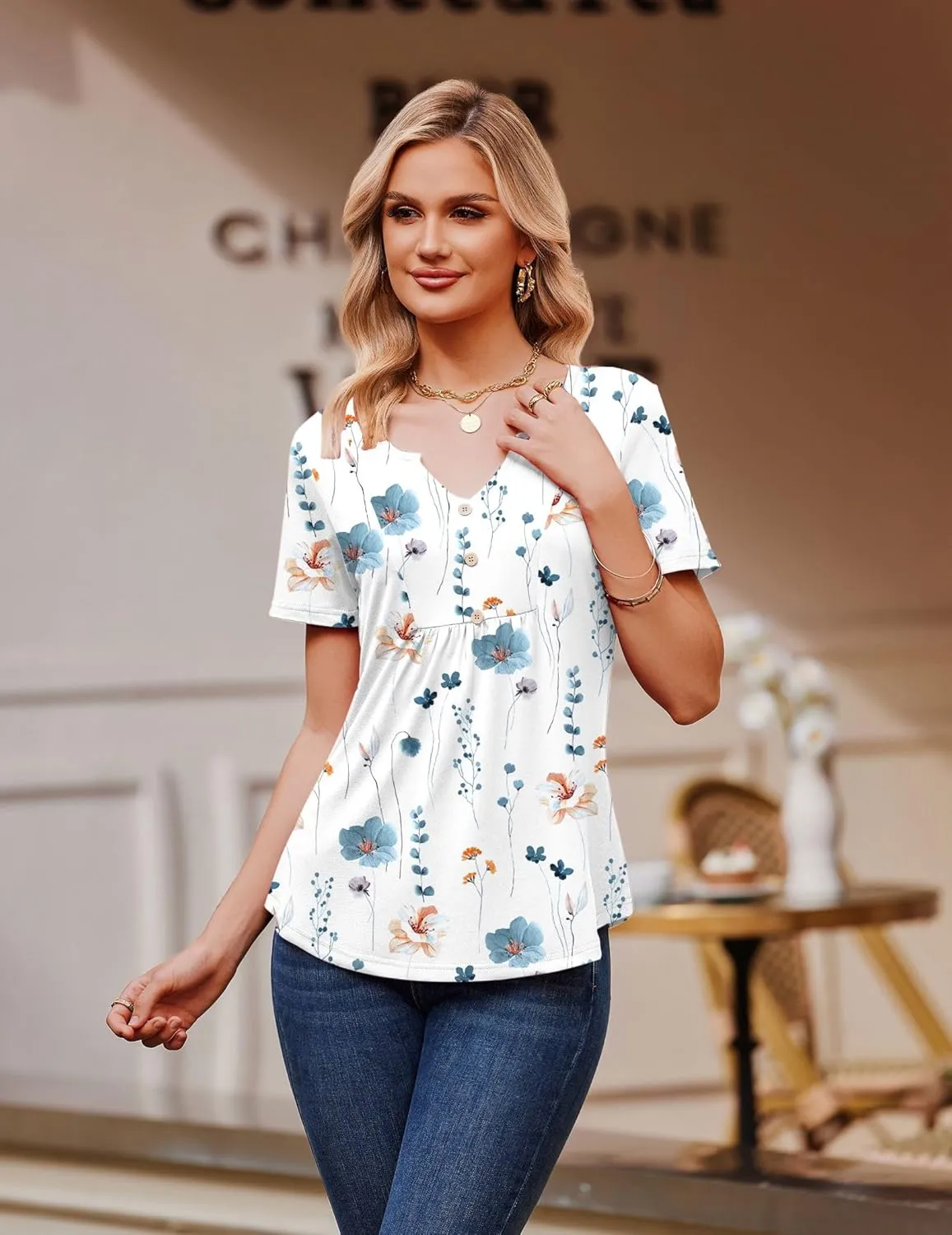 Zeagoo Tunic Tops V Neck Loose Fit Short Sleeve Shirt (DE Only)