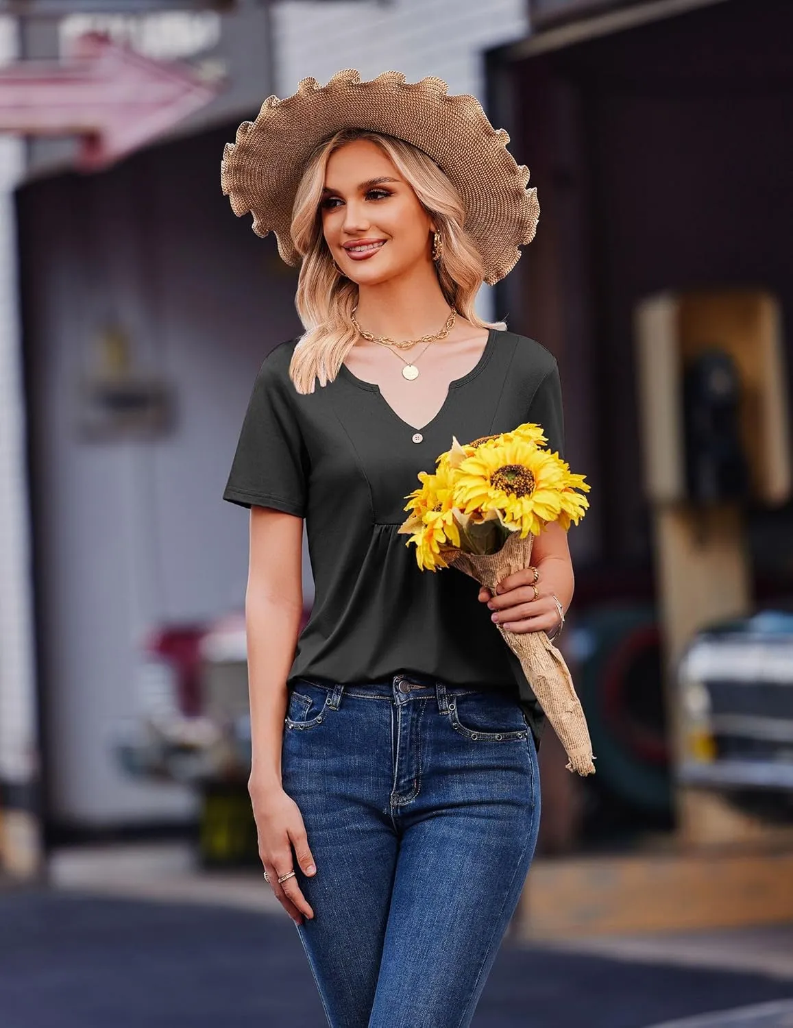 Zeagoo Tunic Tops V Neck Loose Fit Short Sleeve Shirt (DE Only)